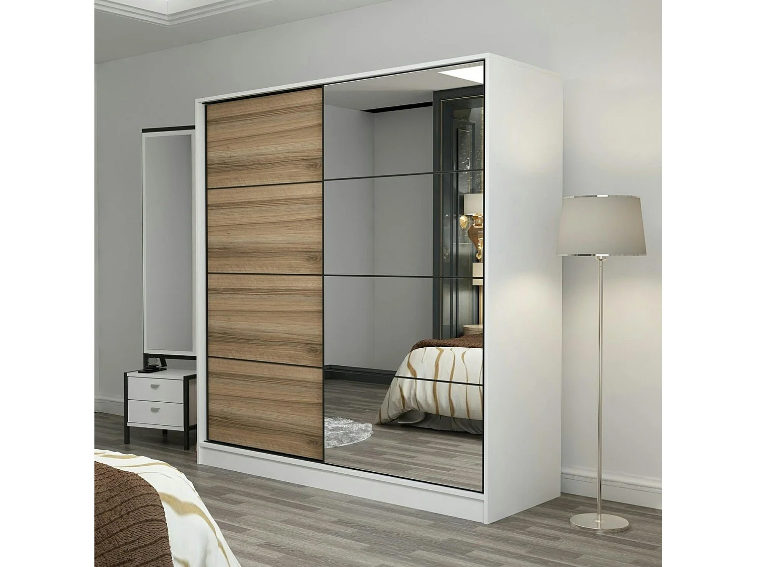 Armoire penderie blanche, porte effet bois et miroir BYRON
