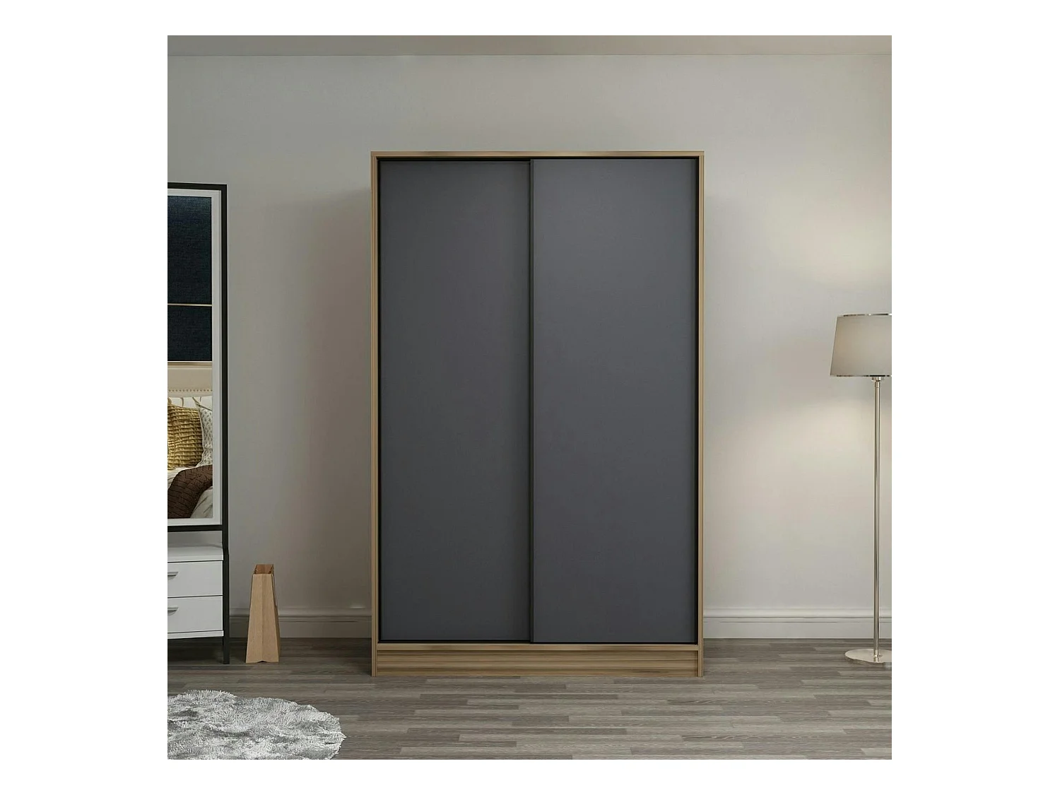 Armoire penderie portes coulissantes, effet bois & gris BYRON