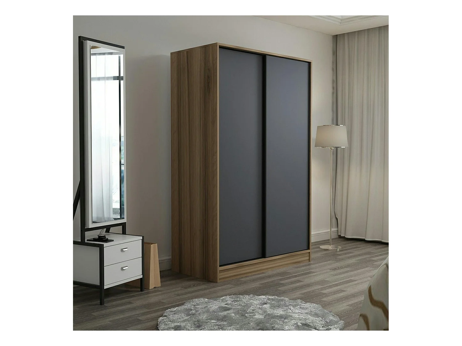 Armoire penderie portes coulissantes, effet bois & gris BYRON