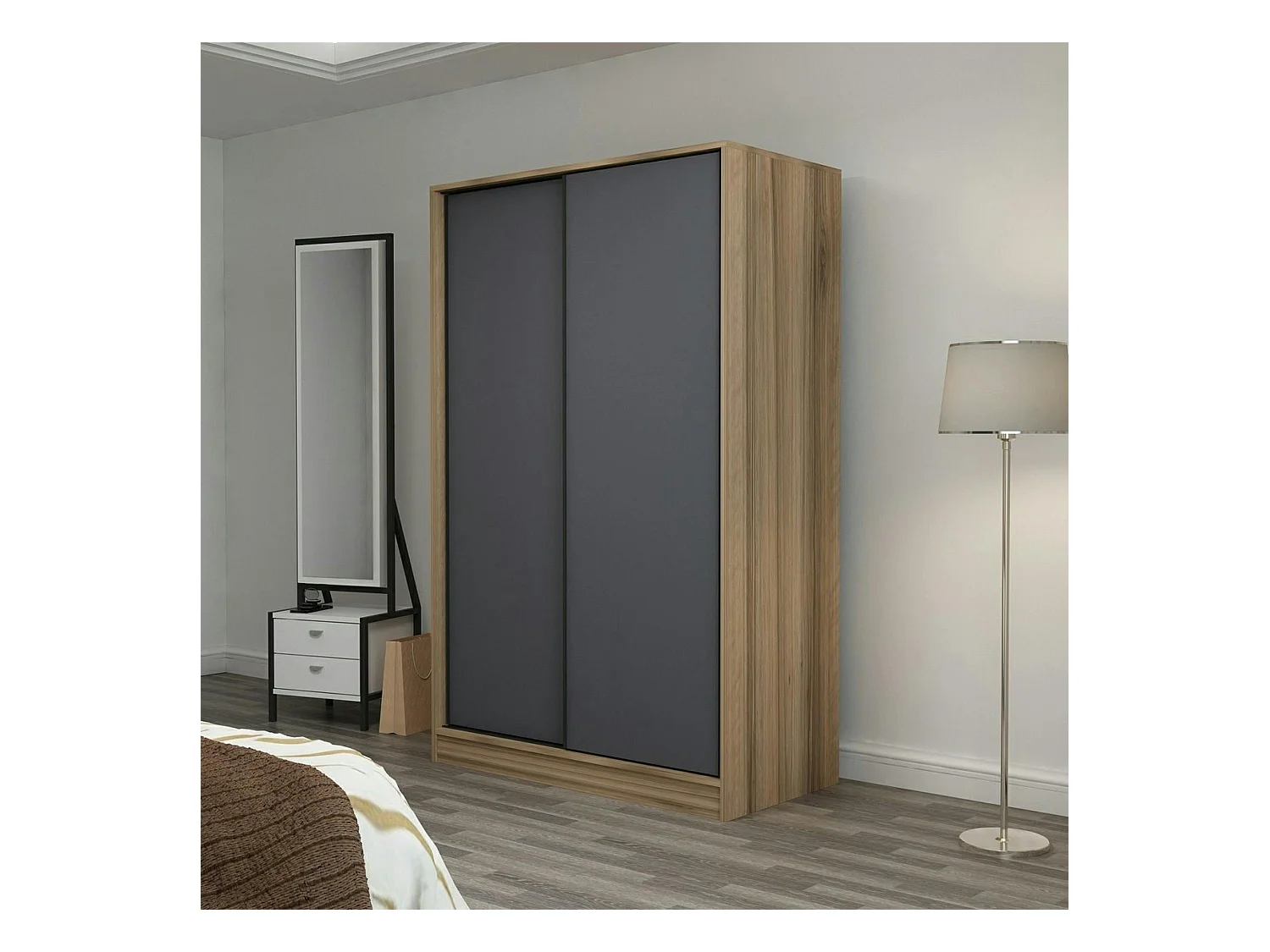 Armoire penderie portes coulissantes, effet bois & gris BYRON