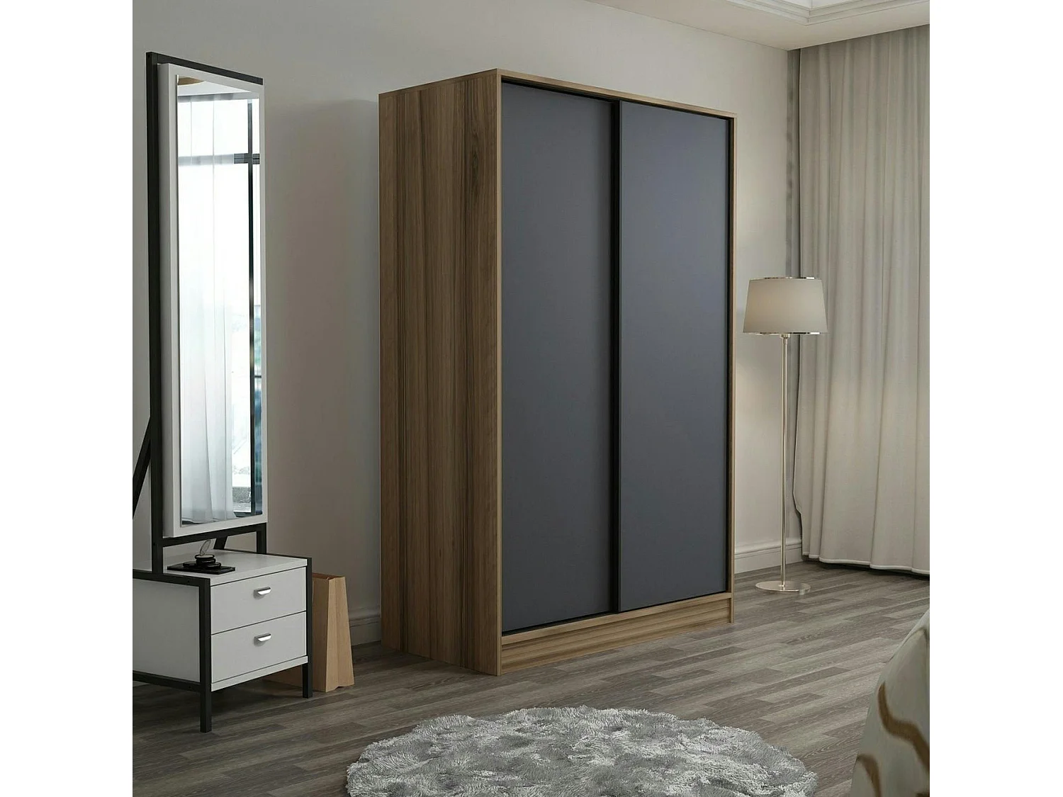 Armoire penderie portes coulissantes, effet bois & gris BYRON