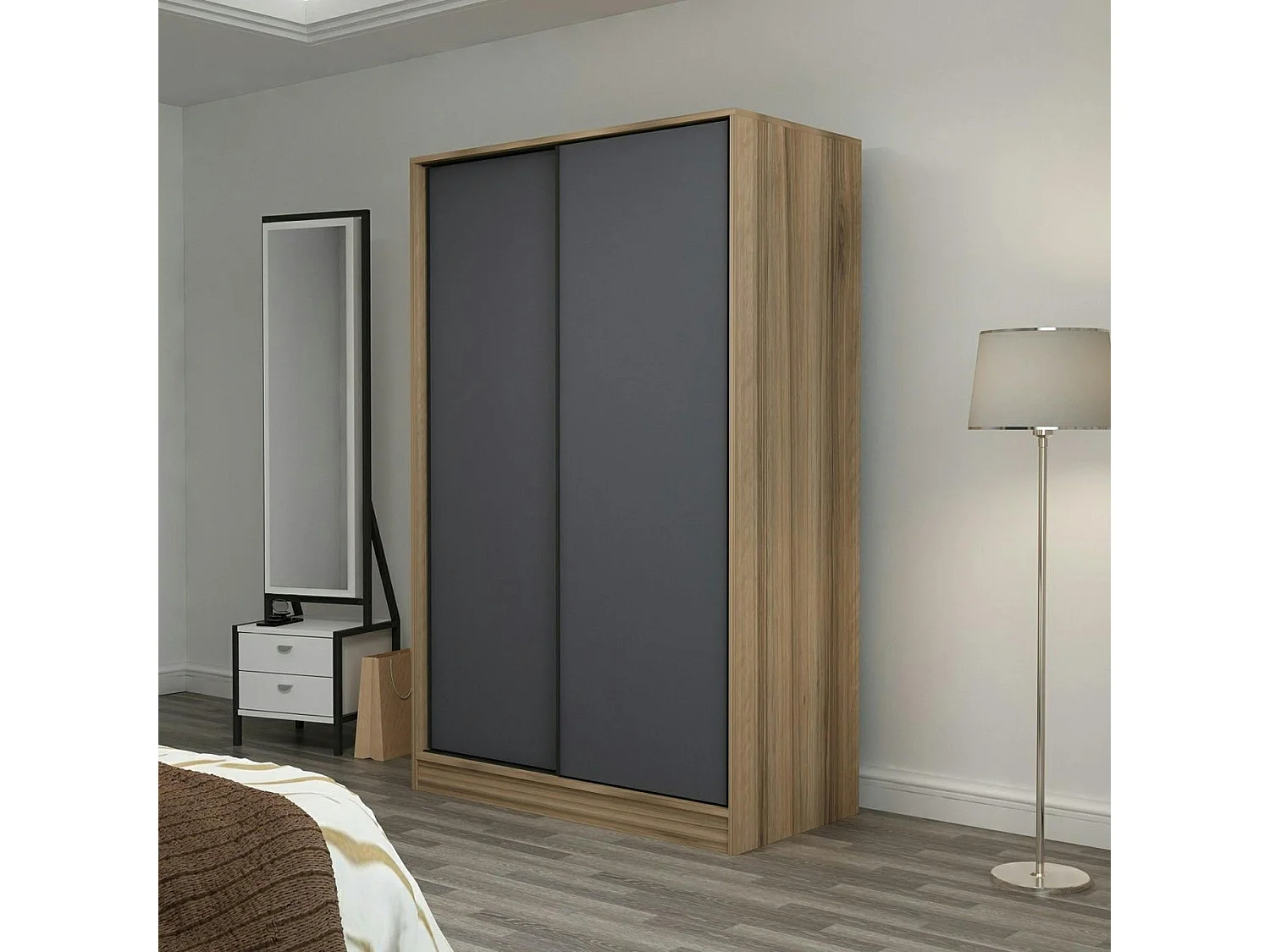 Armoire penderie portes coulissantes, effet bois & gris BYRON
