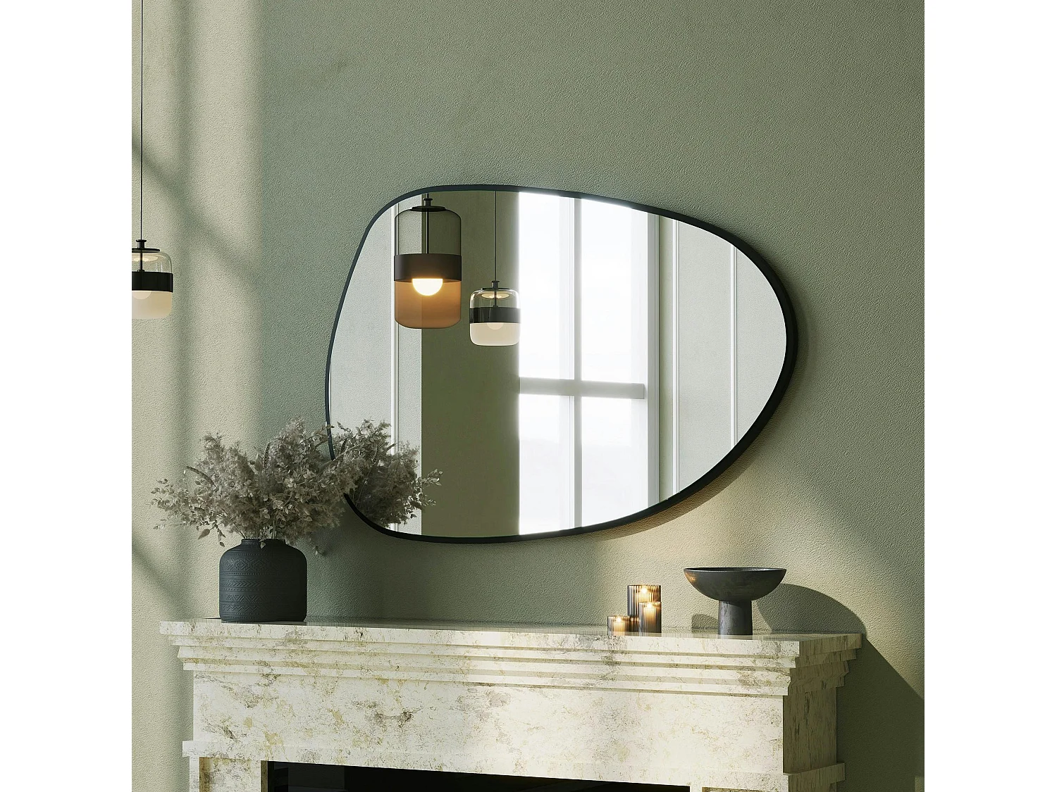 Miroir mural organique cadre noir 91 cm - style moderne CODY