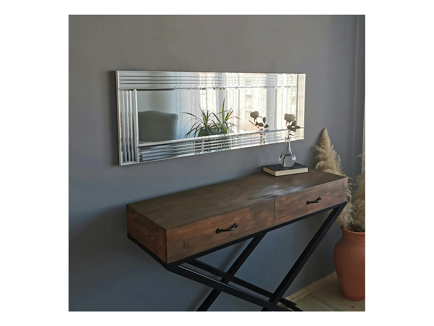 Miroir horizontal moderne chic - cadre strié 120 cm CODY