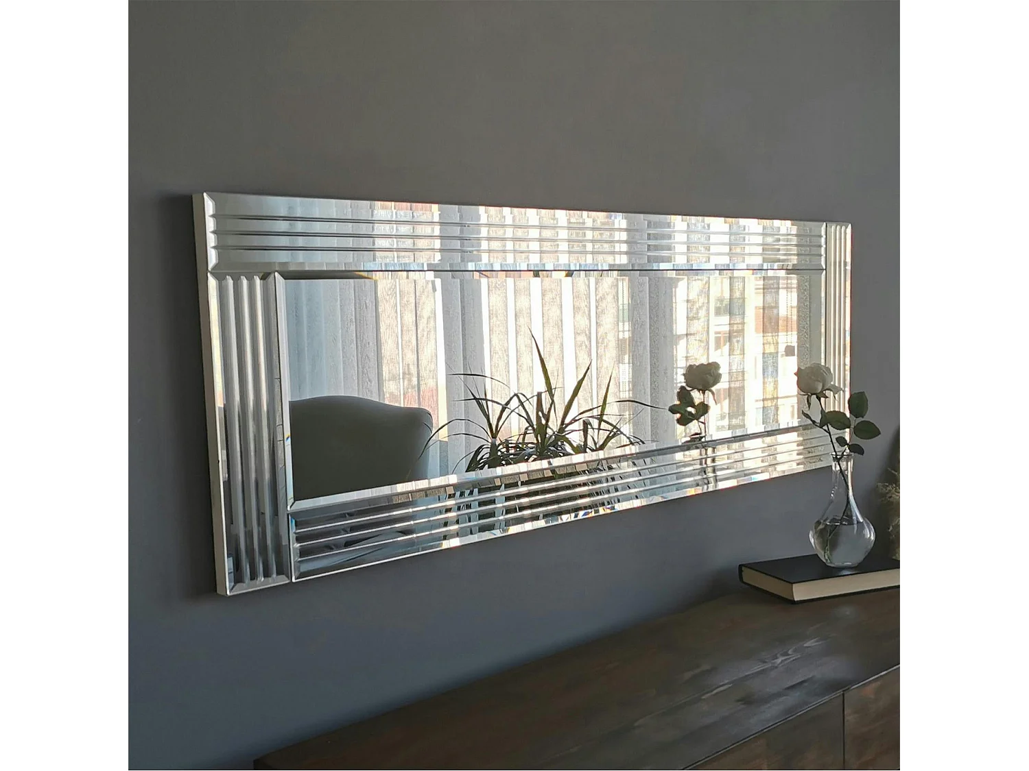 Miroir horizontal moderne chic - cadre strié 120 cm CODY