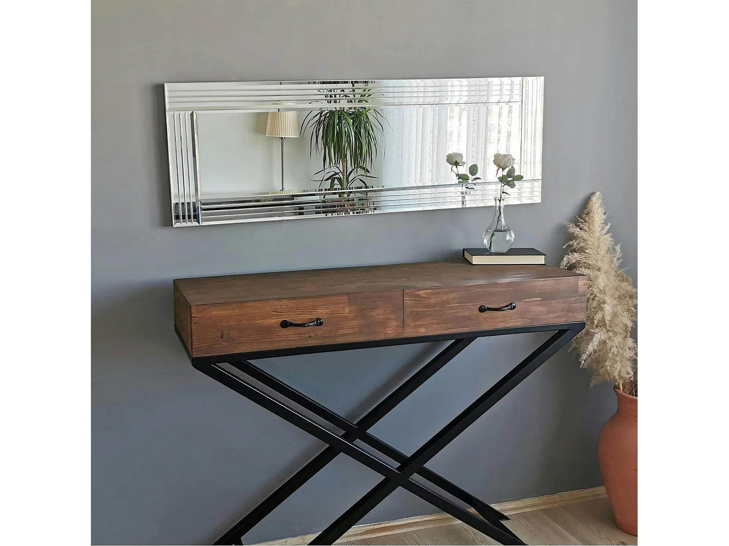 Miroir horizontal moderne chic - cadre strié 120 cm CODY