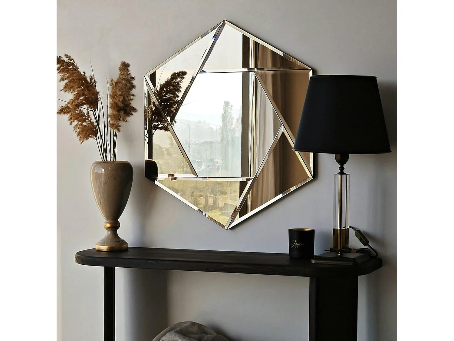 Miroir d'entrée hexagonal à facettes, cadre ambré CODY
