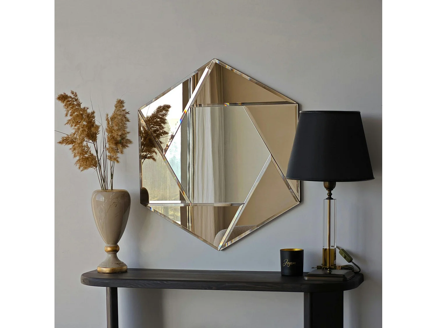 Miroir d'entrée hexagonal à facettes, cadre ambré CODY