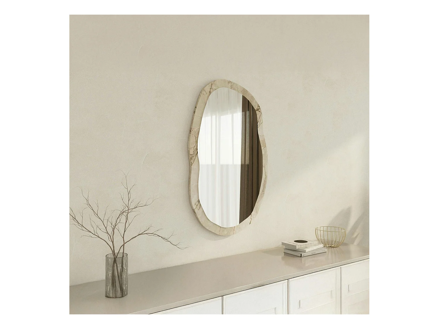 Miroir design organique cadre effet marbre beige 85 cm CODY