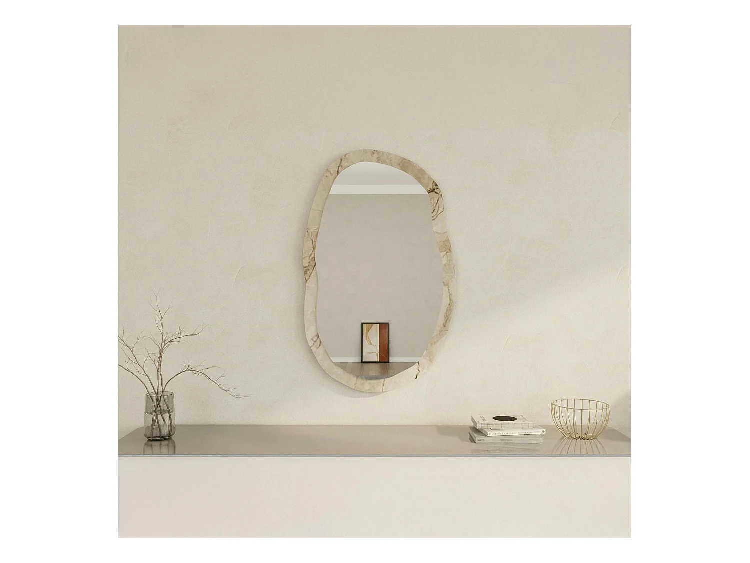 Miroir design organique cadre effet marbre beige 85 cm CODY