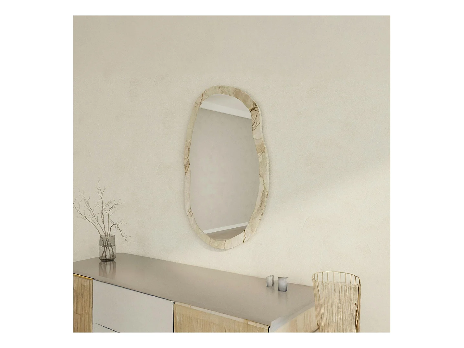 Miroir design organique cadre effet marbre beige 85 cm CODY