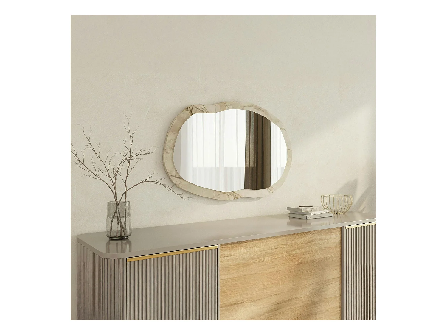 Miroir design organique cadre effet marbre beige 85 cm CODY