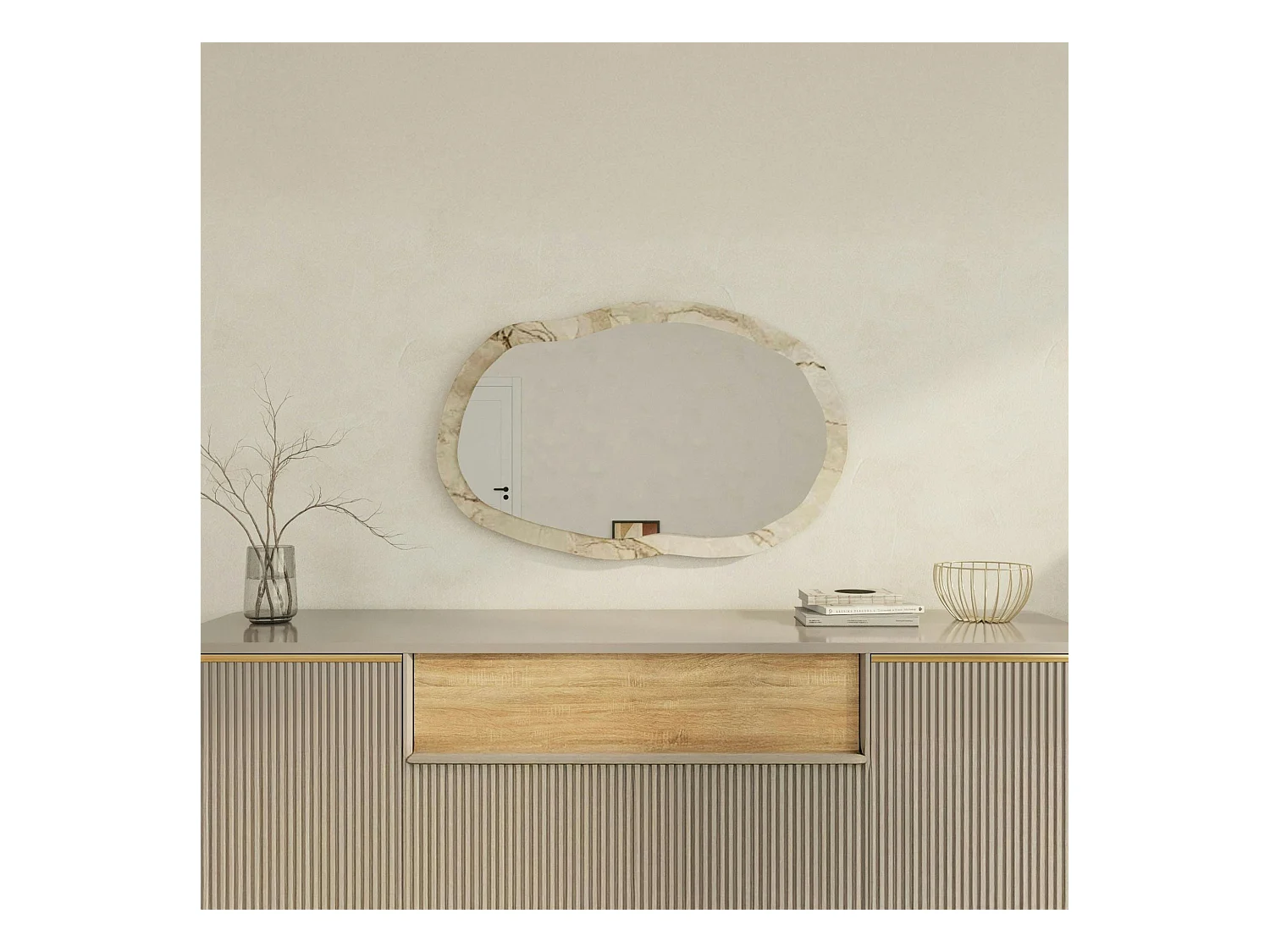 Miroir design organique cadre effet marbre beige 85 cm CODY