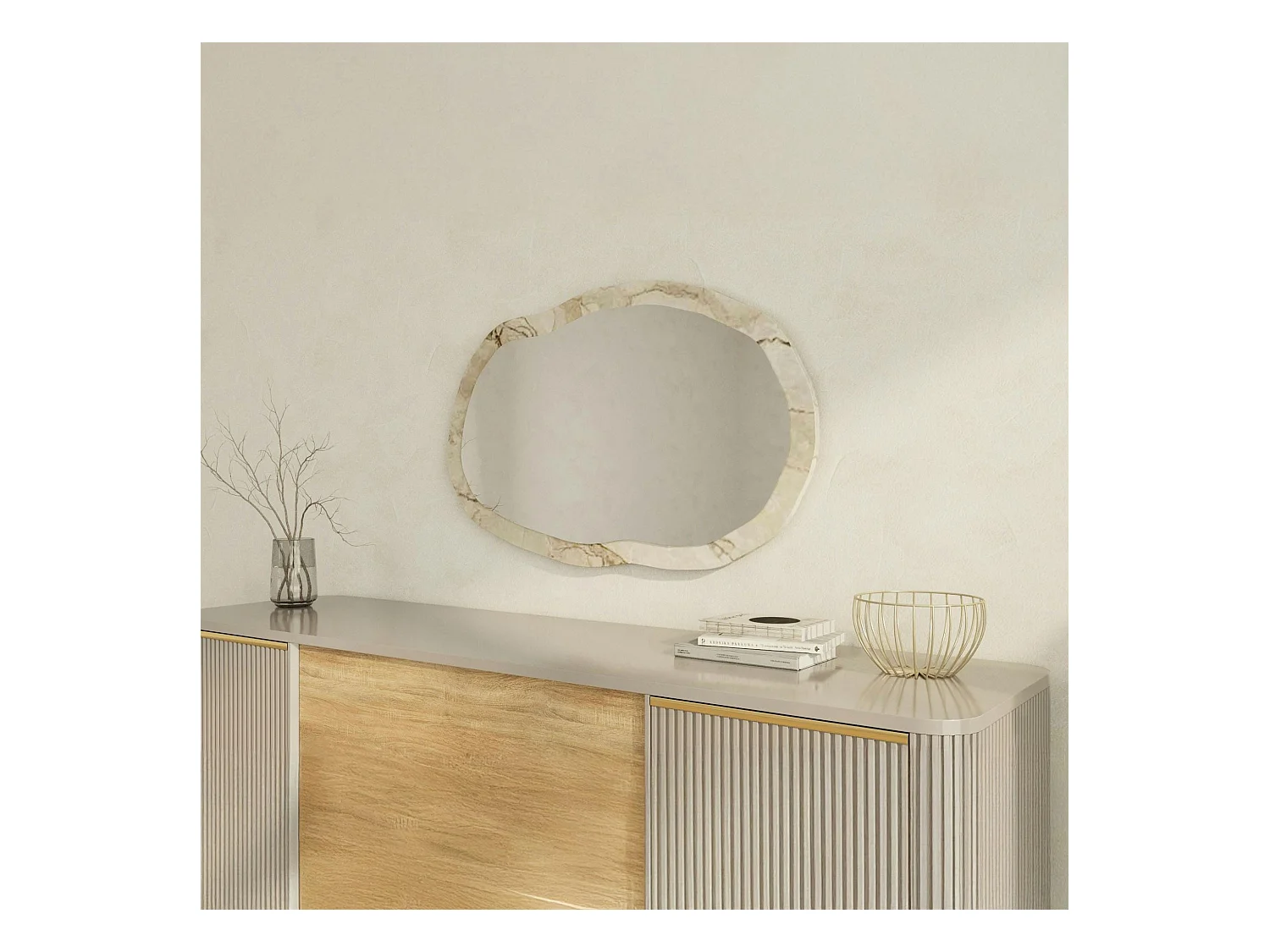 Miroir design organique cadre effet marbre beige 85 cm CODY