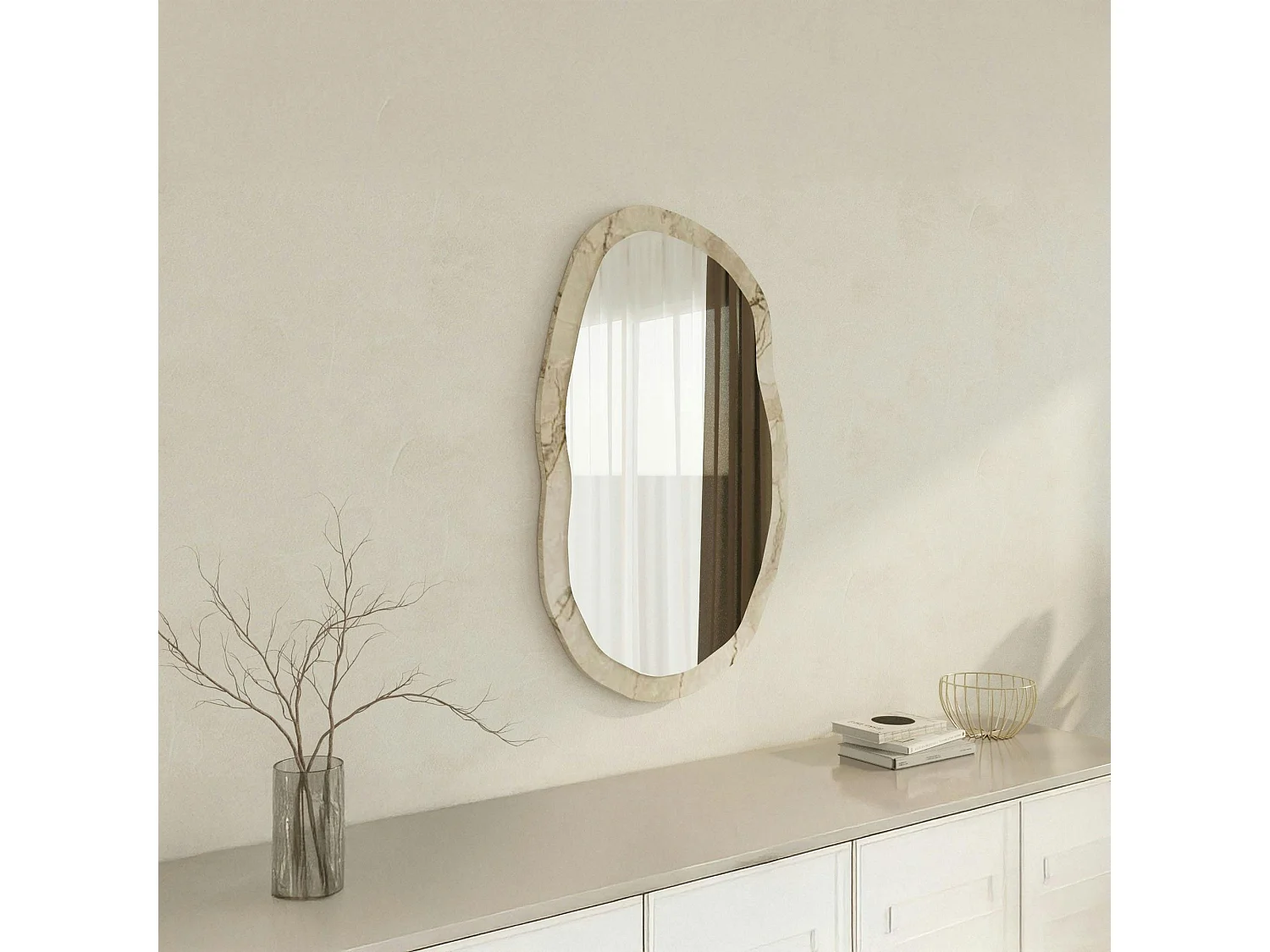 Miroir design organique cadre effet marbre beige 85 cm CODY