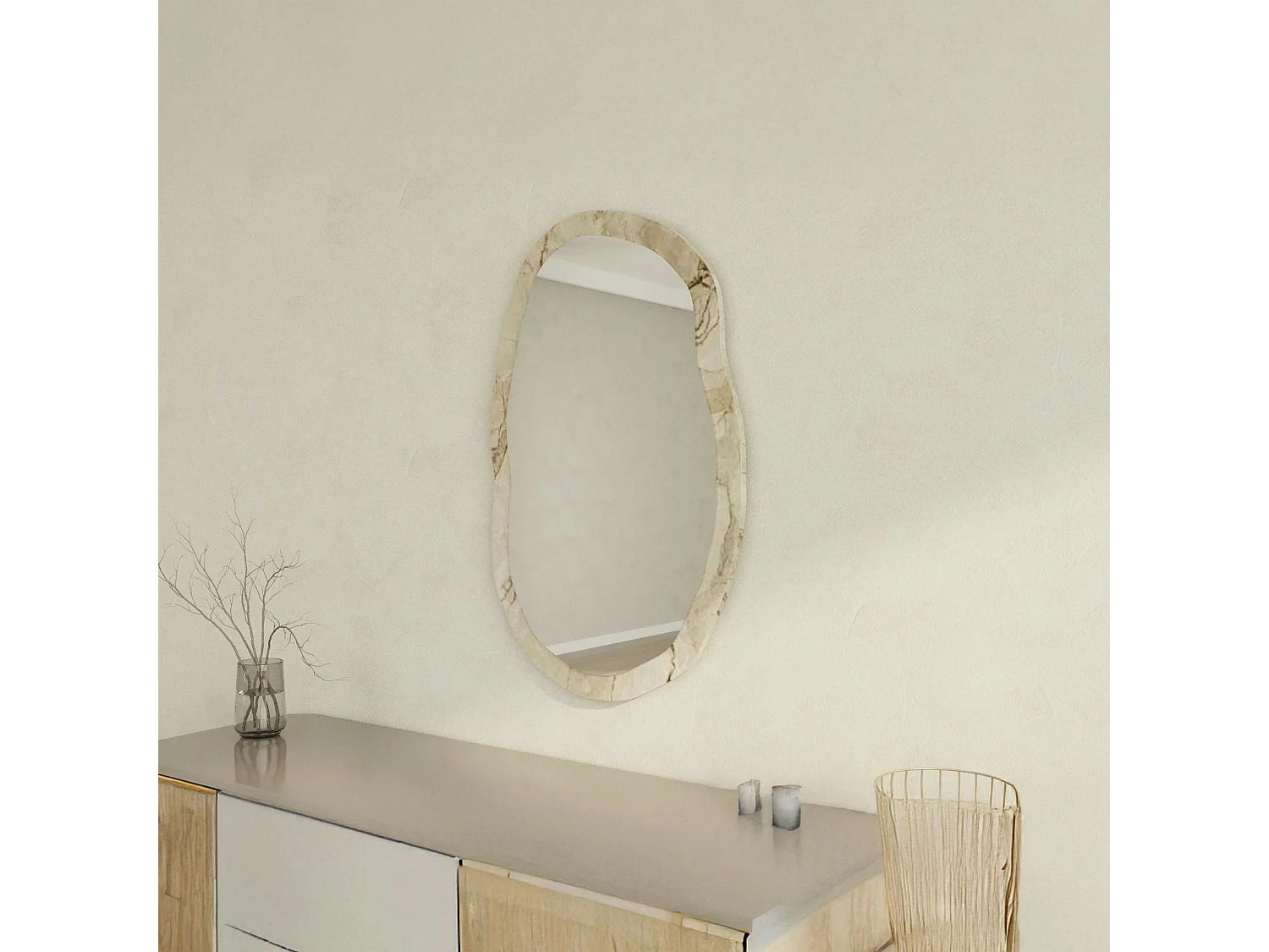 Miroir design organique cadre effet marbre beige 85 cm CODY