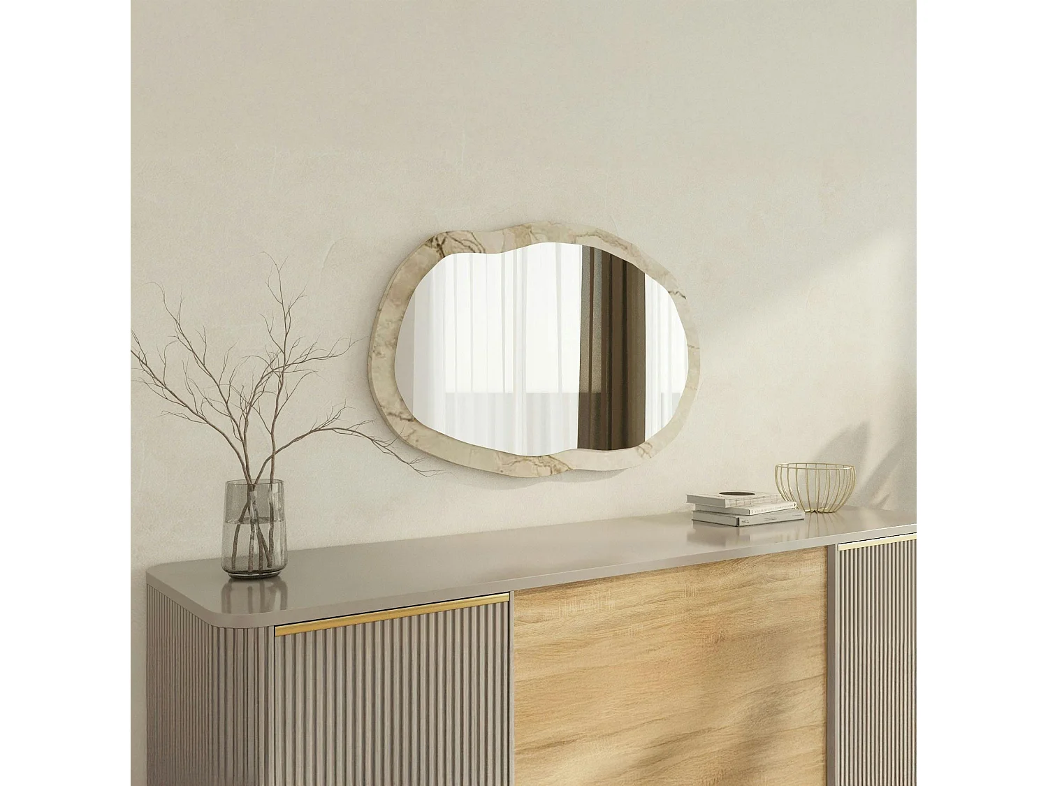 Miroir design organique cadre effet marbre beige 85 cm CODY