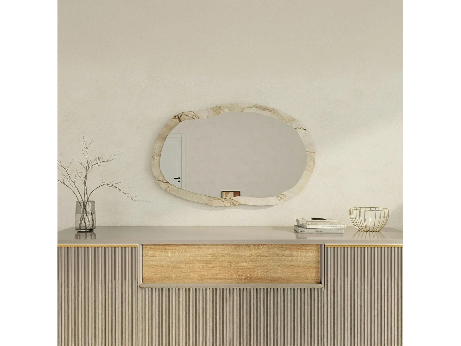 Miroir design organique cadre effet marbre beige 85 cm CODY