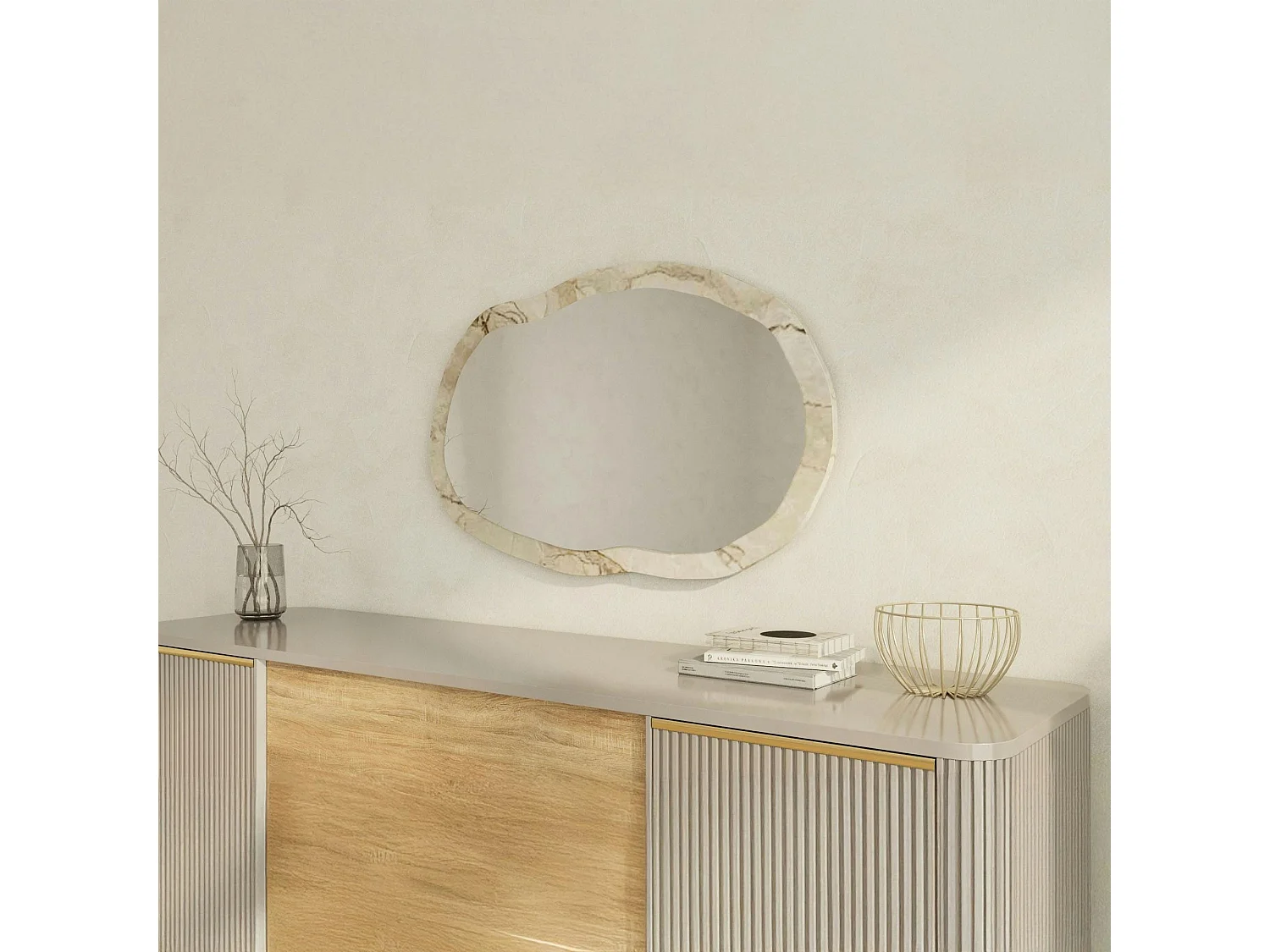 Miroir design organique cadre effet marbre beige 85 cm CODY
