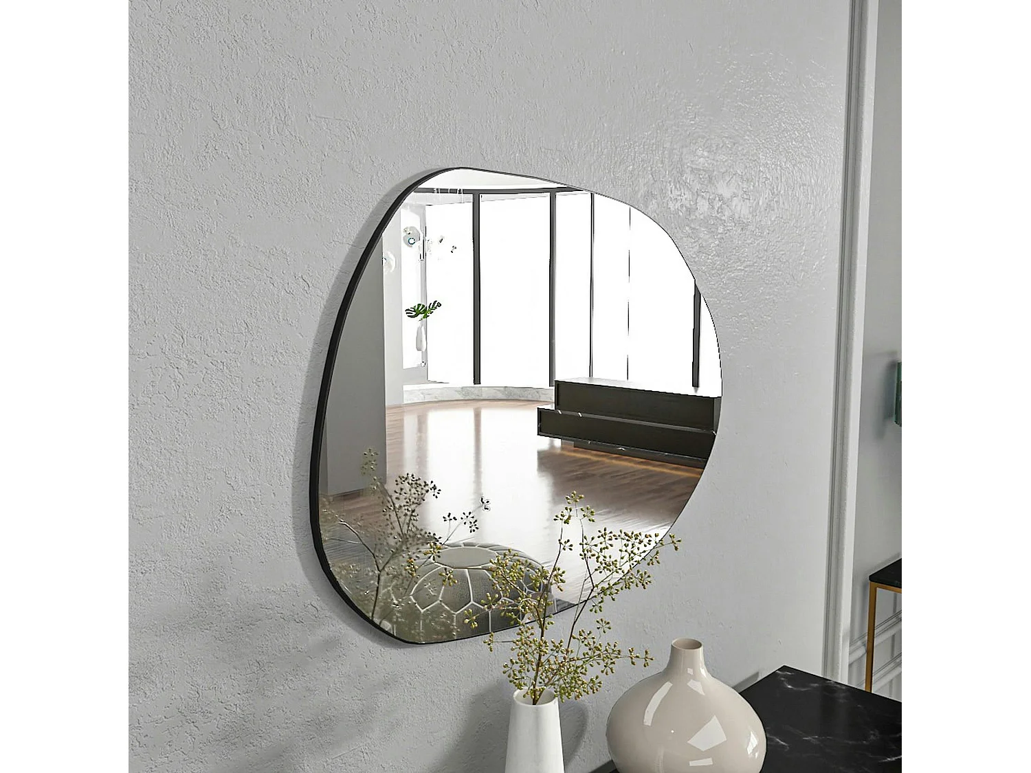 Miroir design organique bord noir 75 cm - style naturel CODY