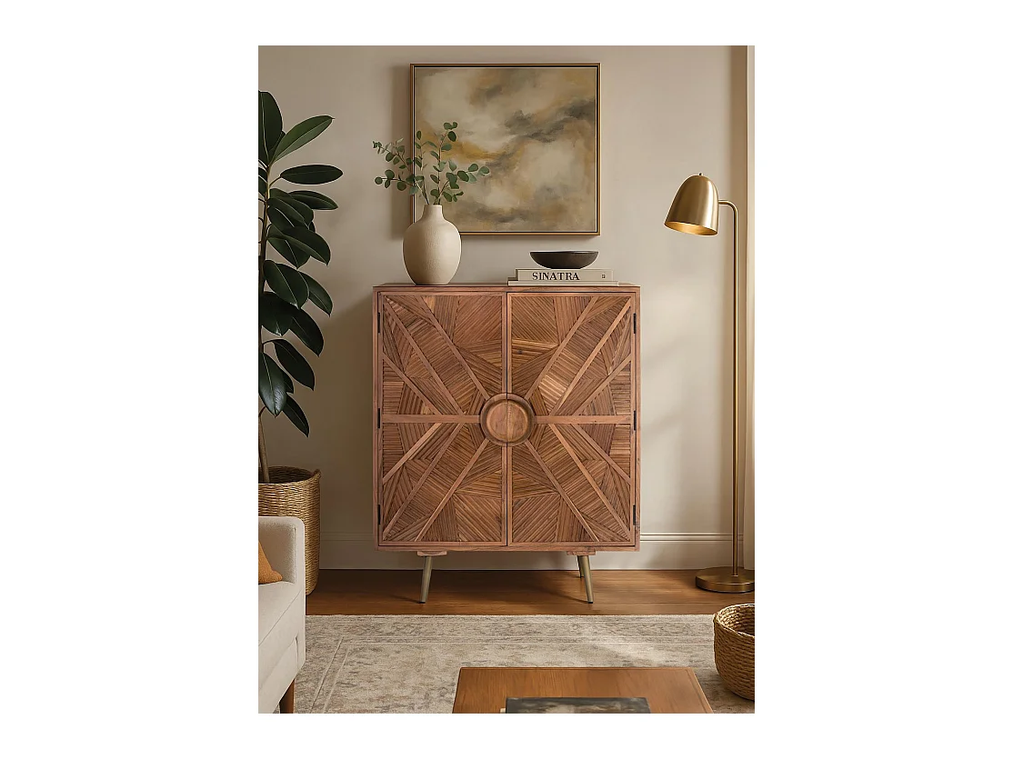 Aparador alto de madera de mango con puertas talladas