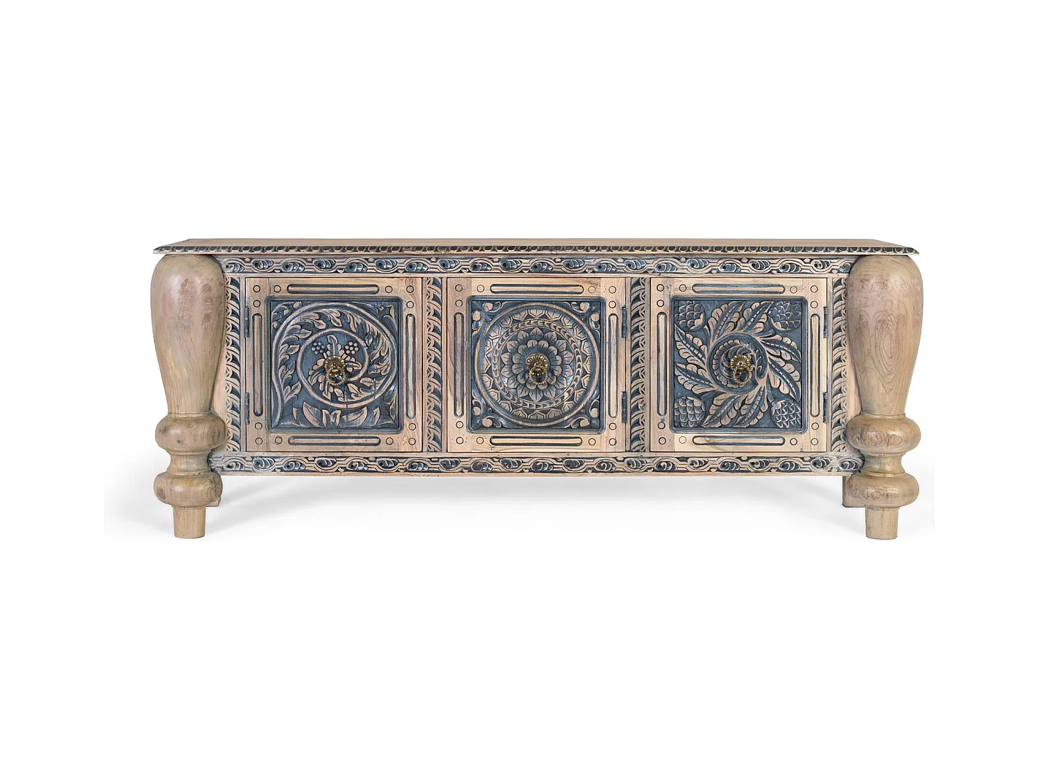 Buffet artisanal en teck massif avec sculpture et pieds robustes