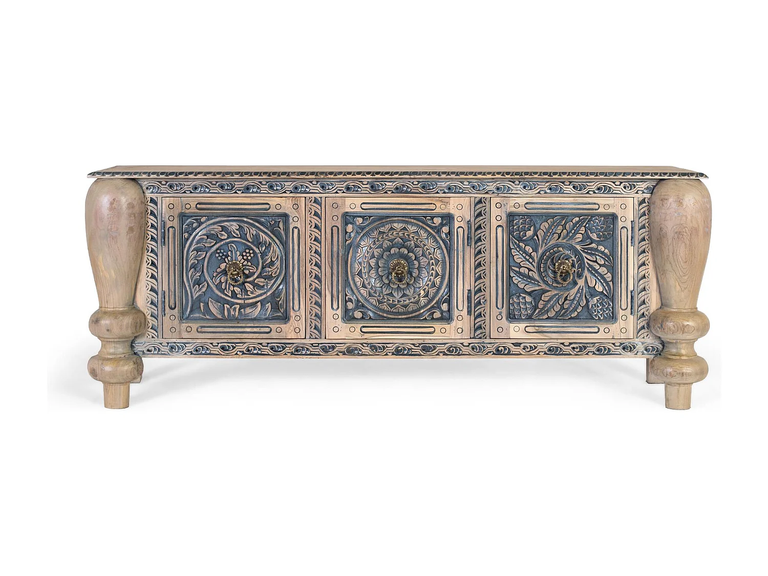 Sideboard aus massivem Teakholz mit Schnitzereien und stabilen Beinen