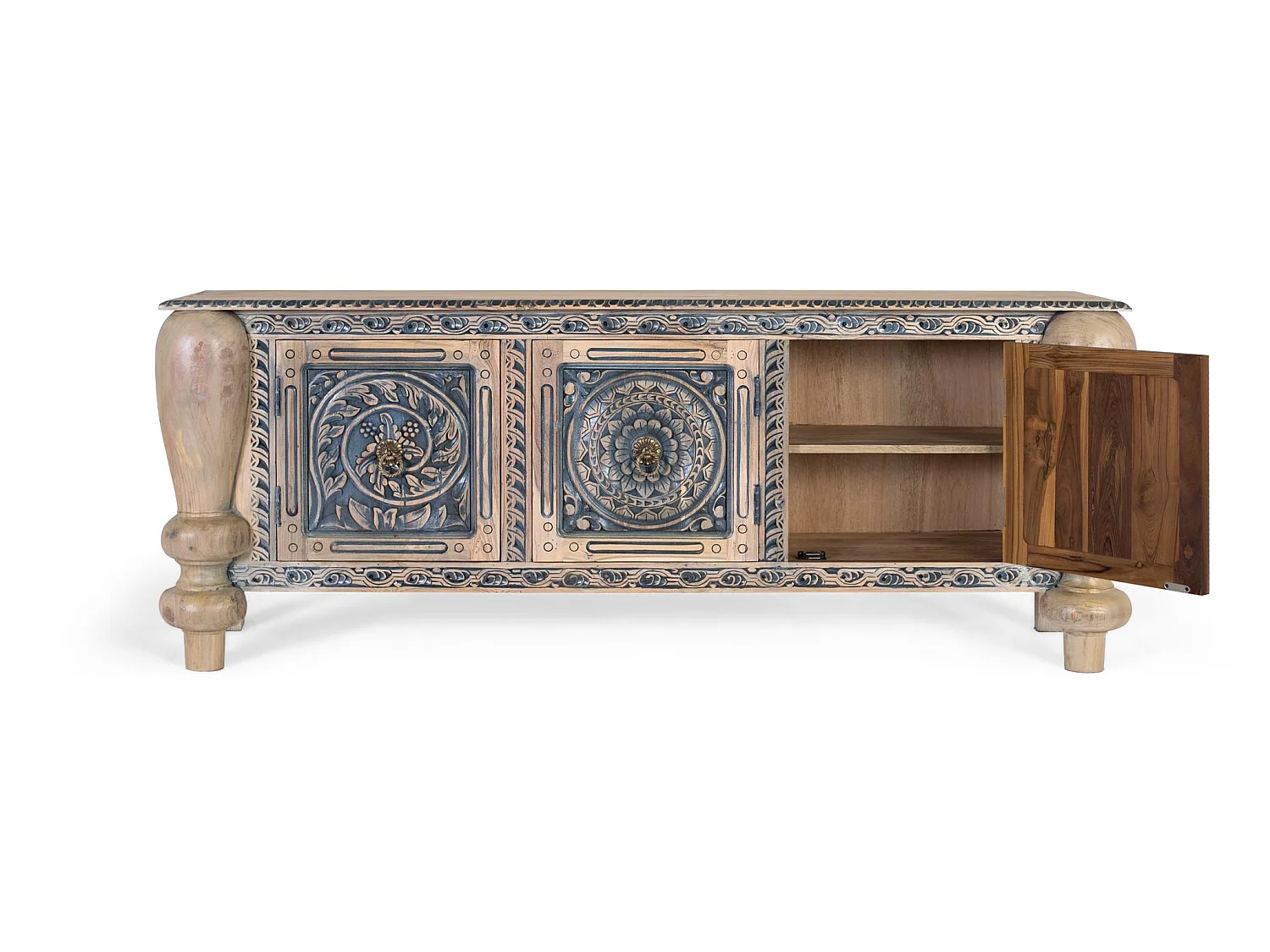 Buffet artisanal en teck massif avec sculpture et pieds robustes
