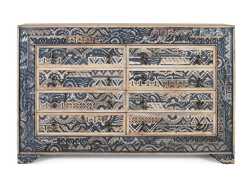 Tweekleurig dressoir in gesneden mangohout, naturel en verouderd blauw