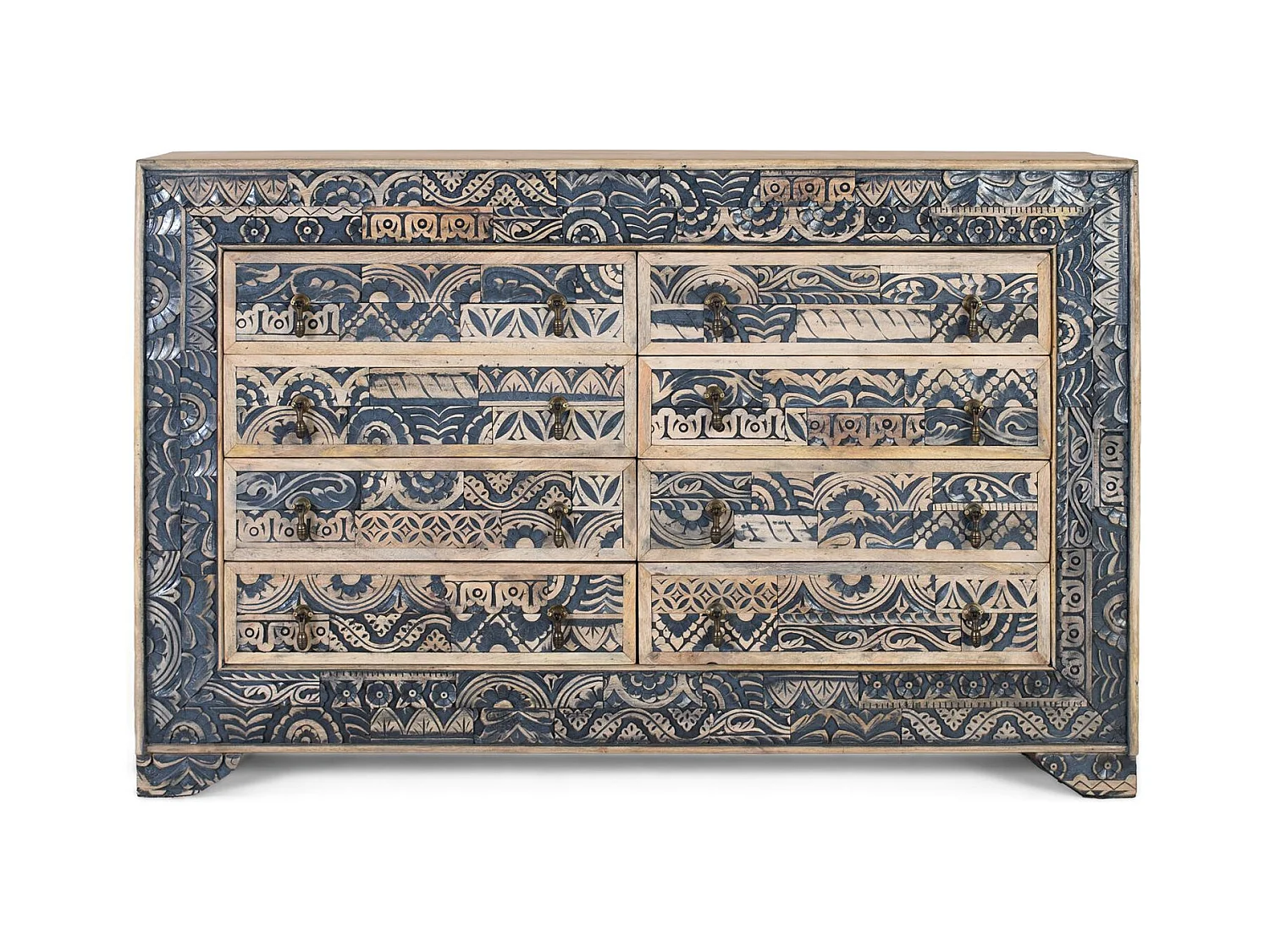 Buffet bicolore en manguier sculpté, naturel et bleu vieilli