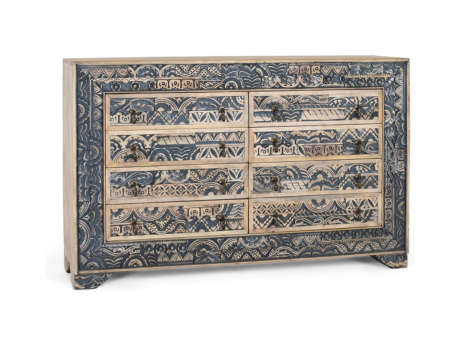 Buffet bicolore en manguier sculpté, naturel et bleu vieilli