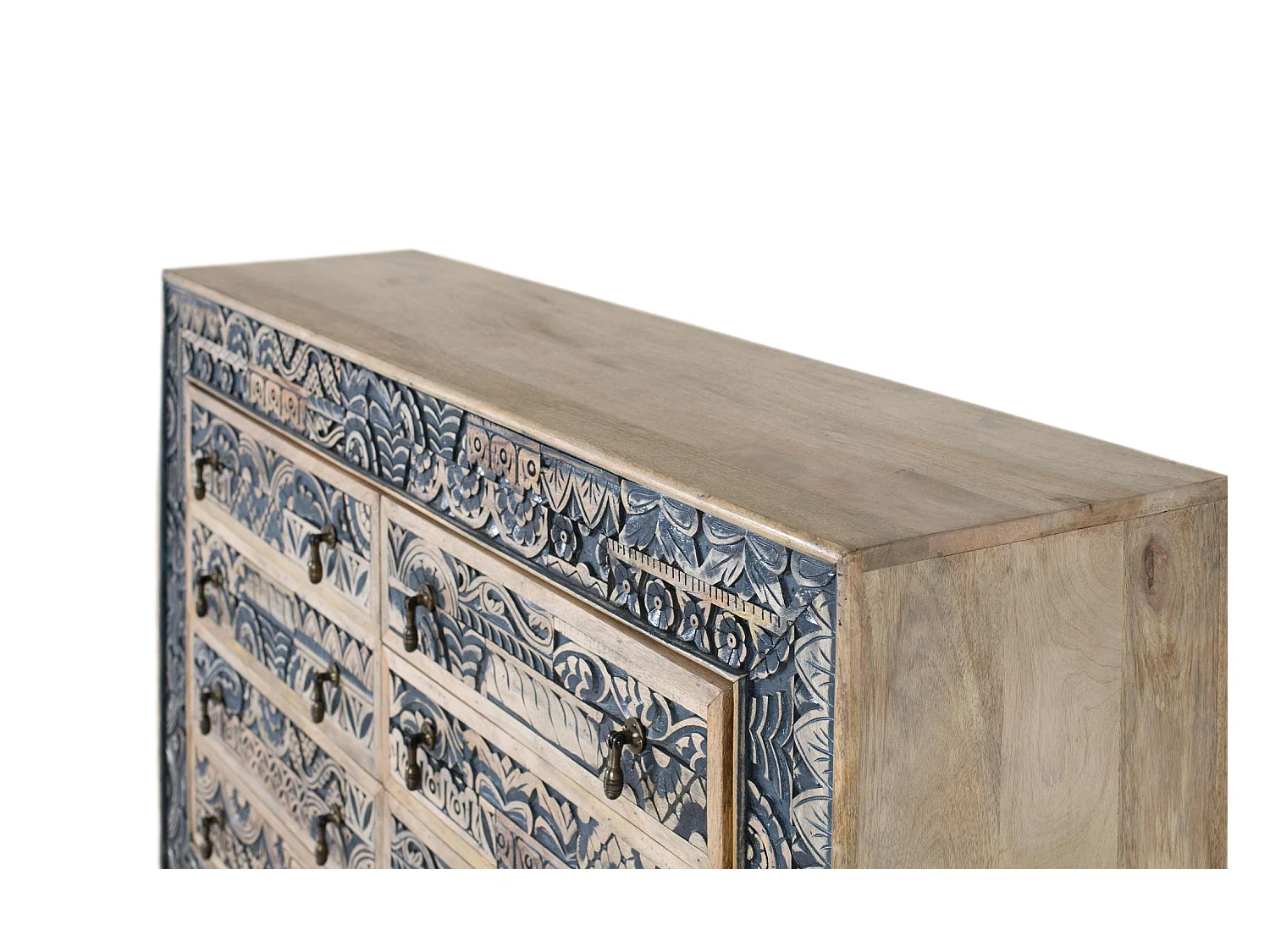 Buffet bicolore en manguier sculpté, naturel et bleu vieilli