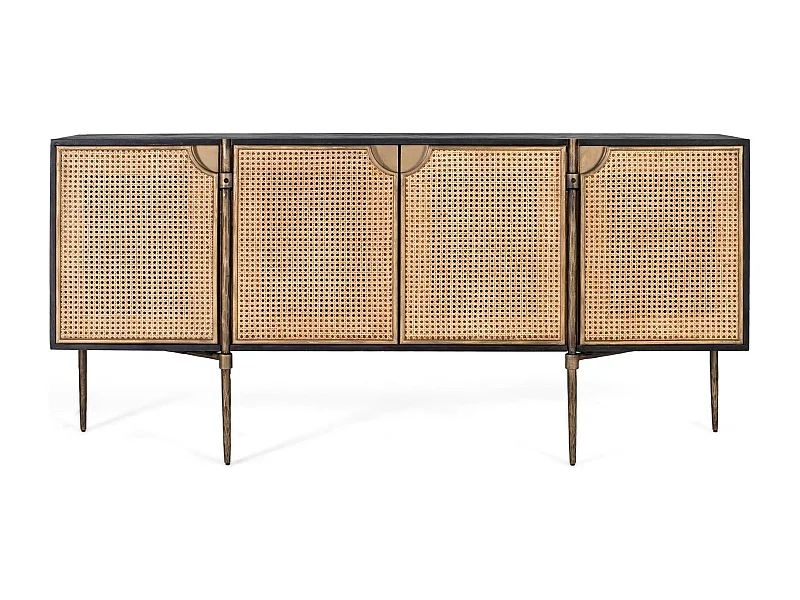 Buffet en bois foncé et portes en rotin tressé avec pieds métalliques