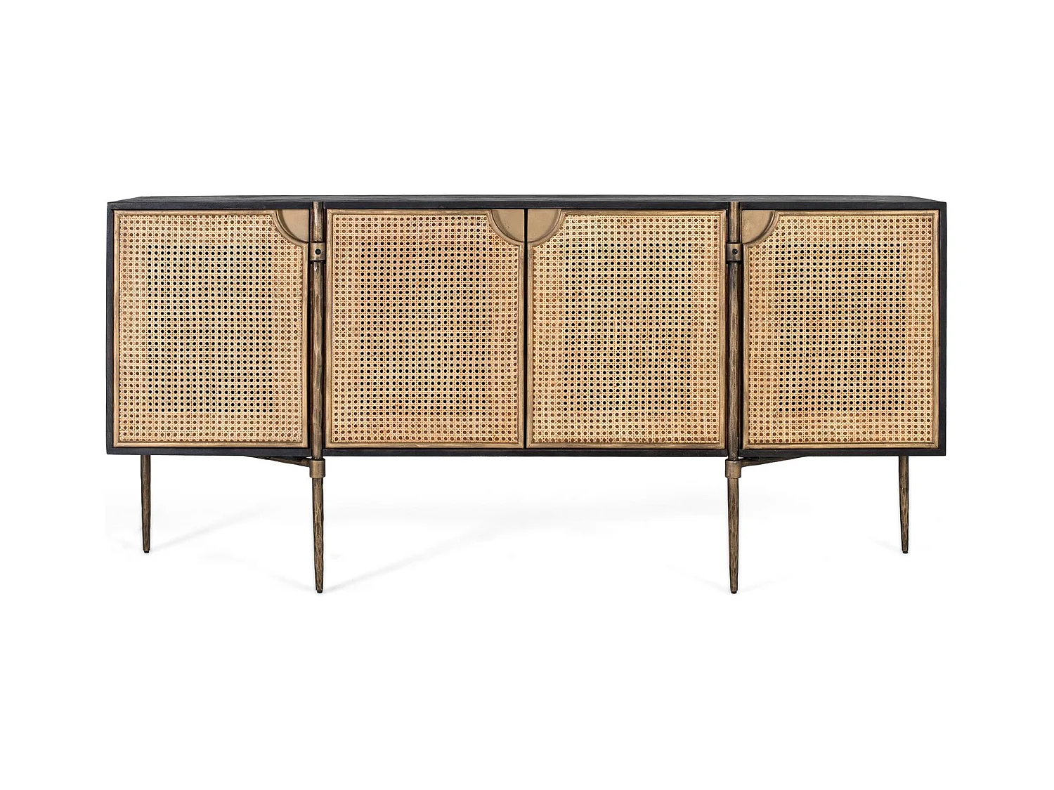 Buffet en bois foncé et portes en rotin tressé avec pieds métalliques
