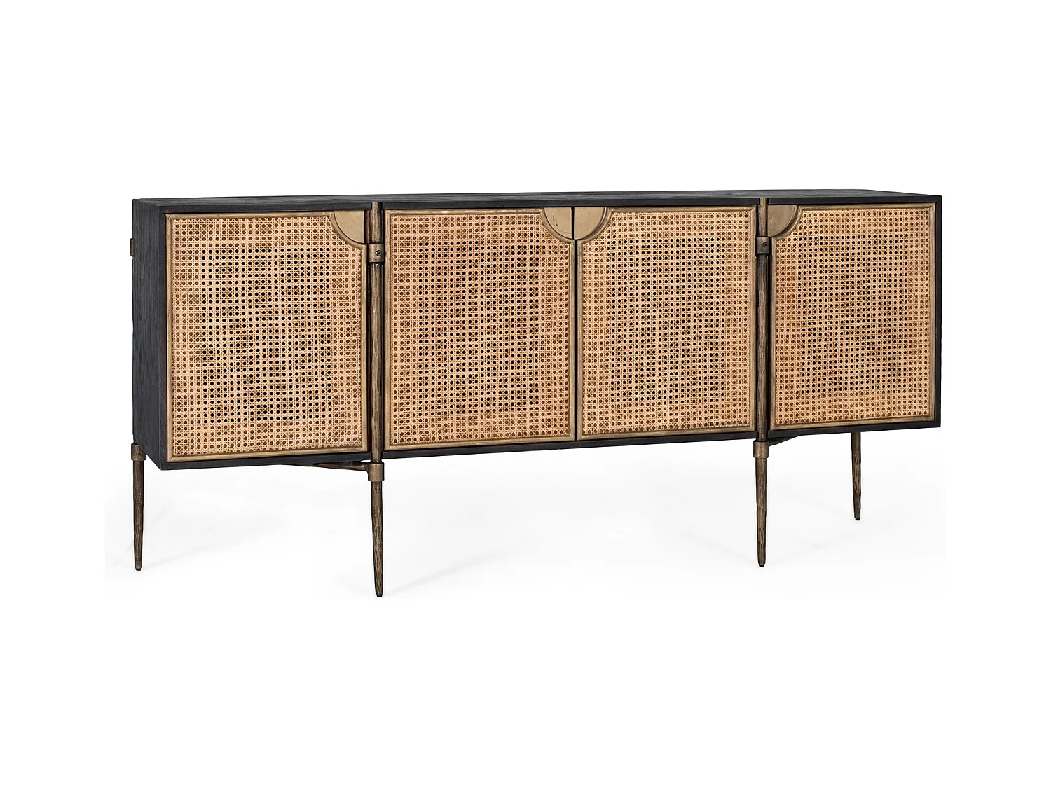 Buffet en bois foncé et portes en rotin tressé avec pieds métalliques