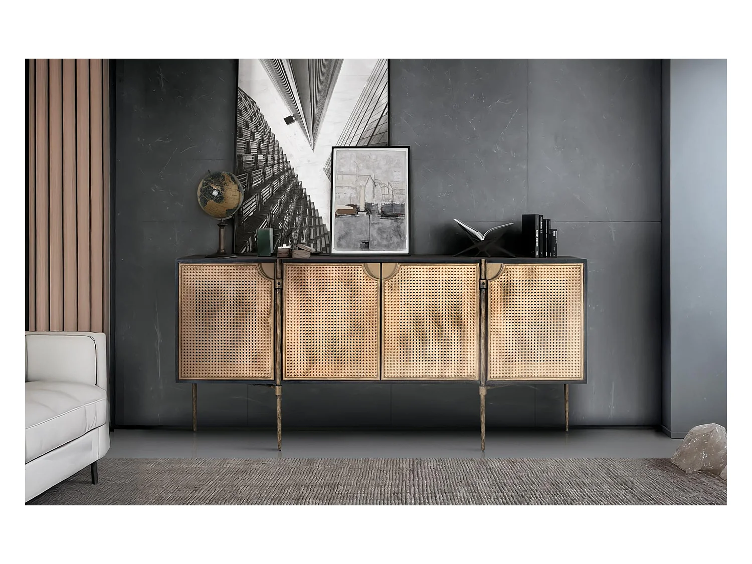 Buffet en bois foncé et portes en rotin tressé avec pieds métalliques