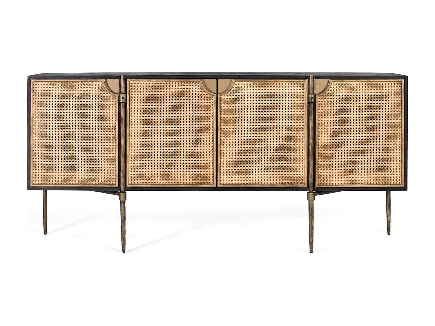 Buffet en bois foncé et portes en rotin tressé avec pieds métalliques