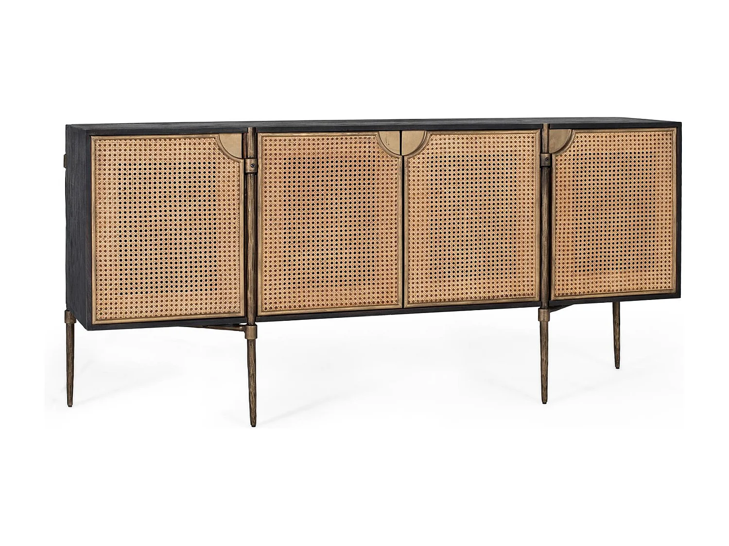 Buffet en bois foncé et portes en rotin tressé avec pieds métalliques