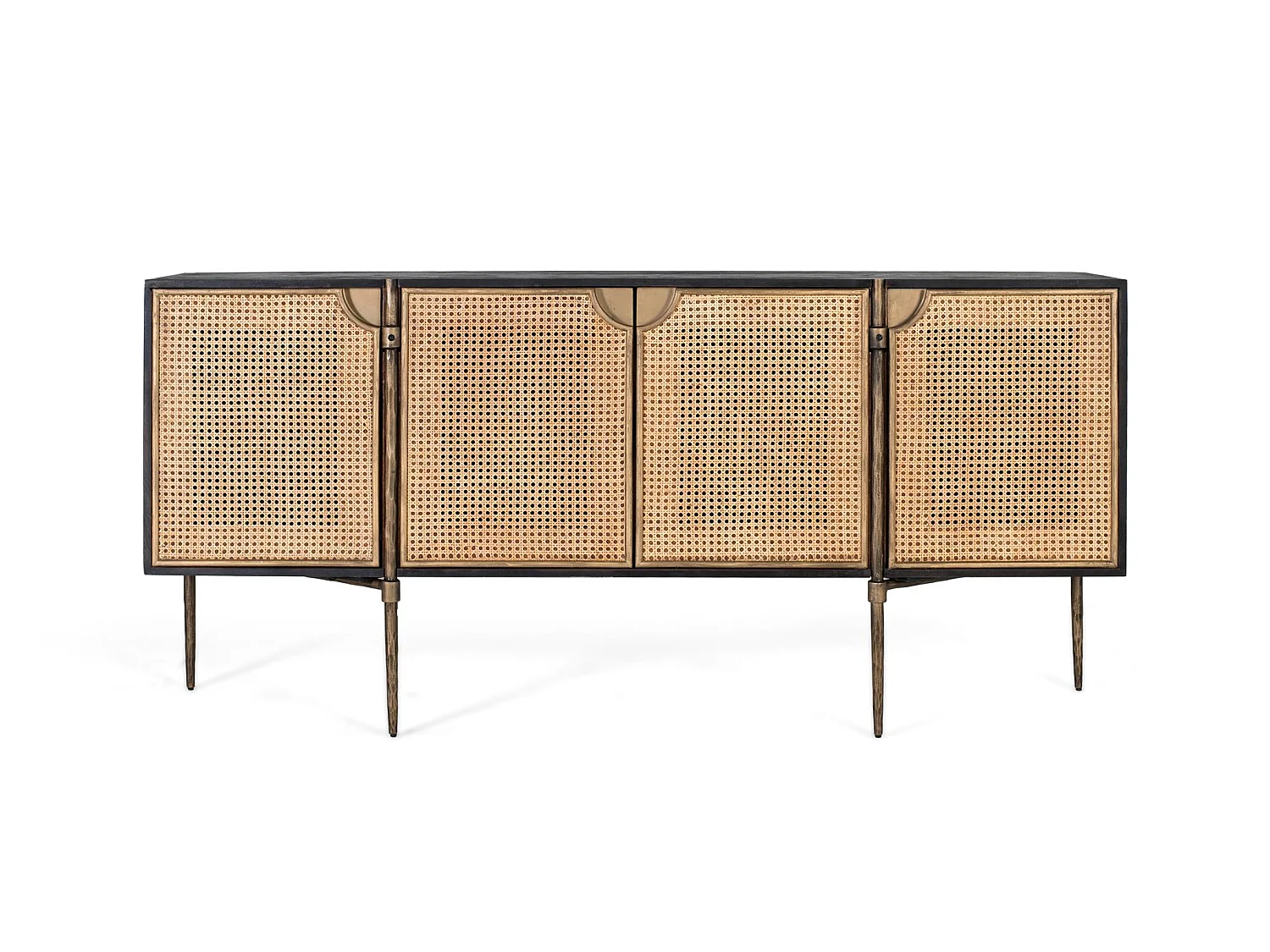 Buffet en bois foncé et portes en rotin tressé avec pieds métalliques
