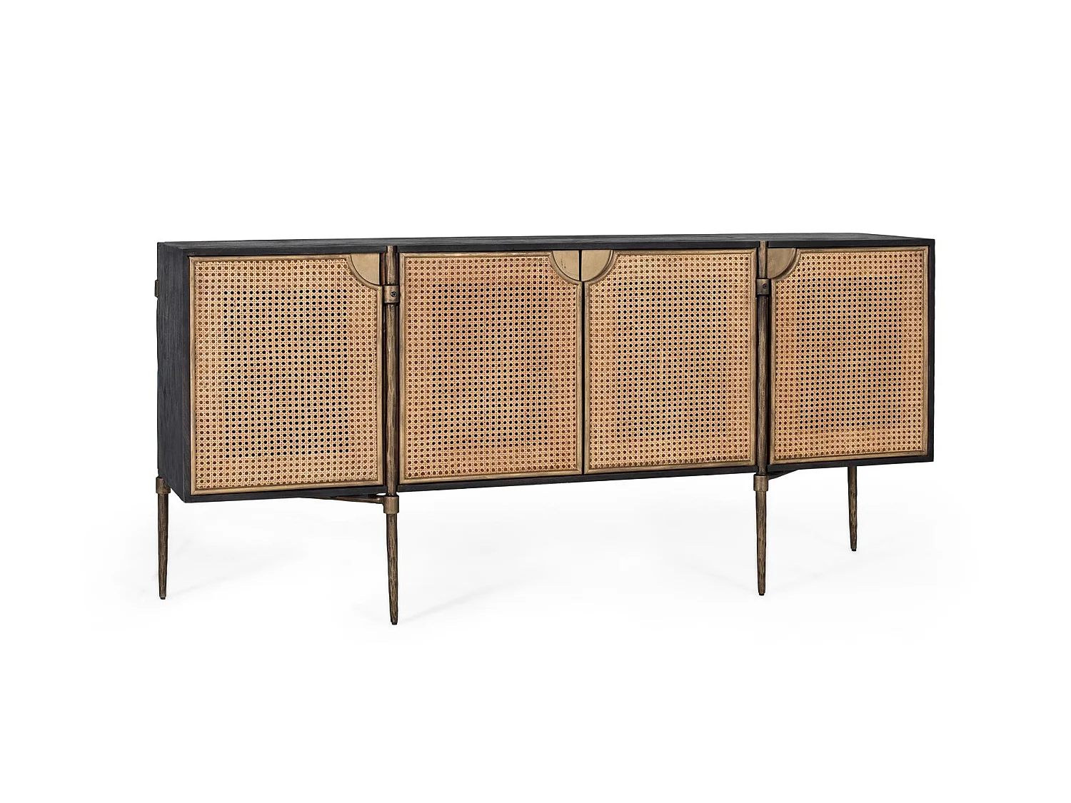 Buffet en bois foncé et portes en rotin tressé avec pieds métalliques