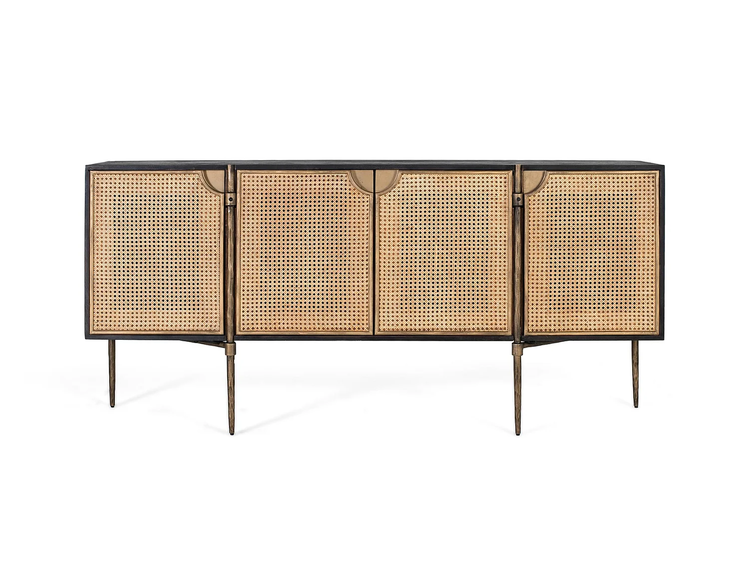 Buffet en bois foncé en portes en rotin tressé met pieds métalliques