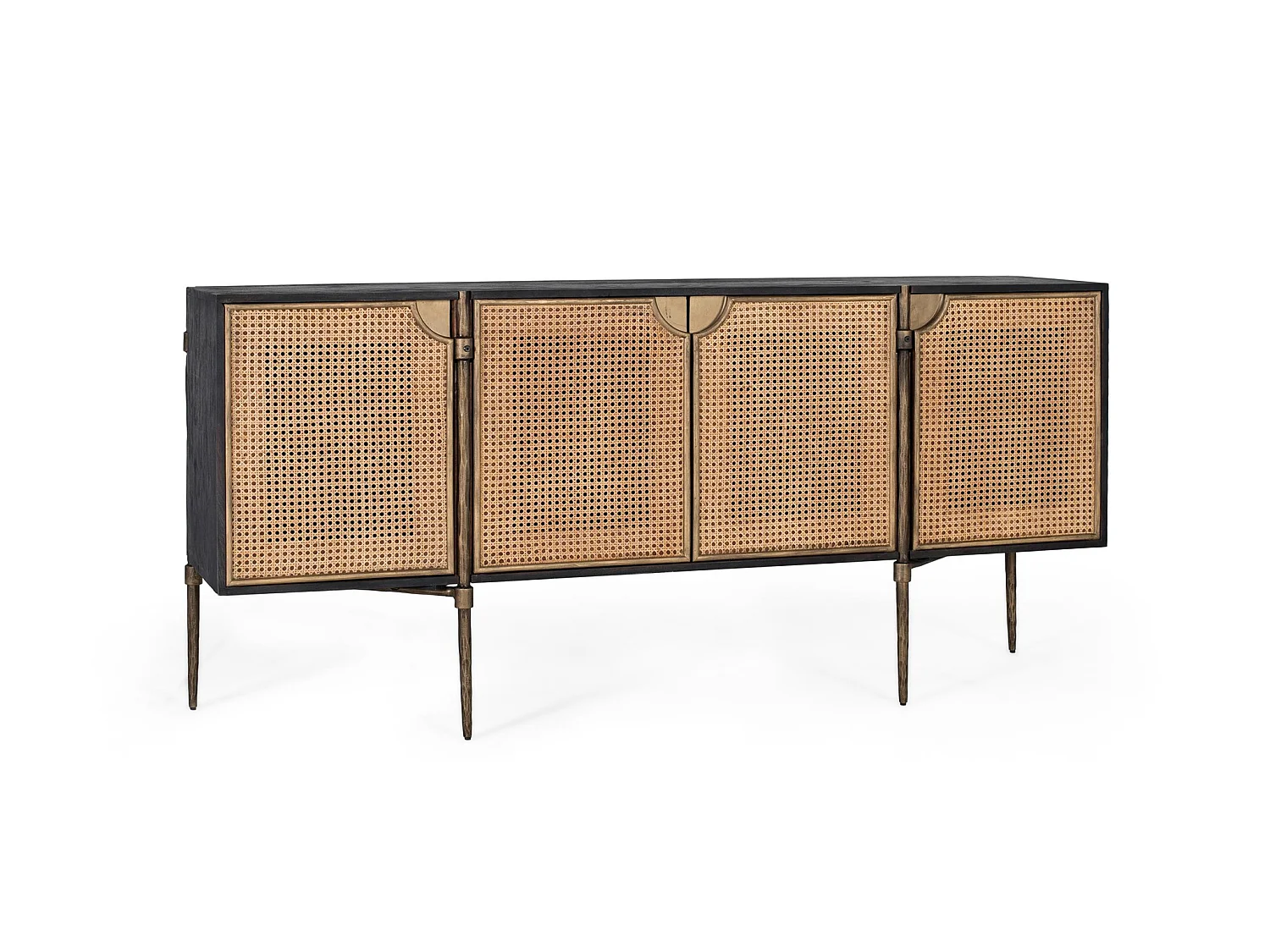 Buffet en bois foncé en portes en rotin tressé met pieds métalliques