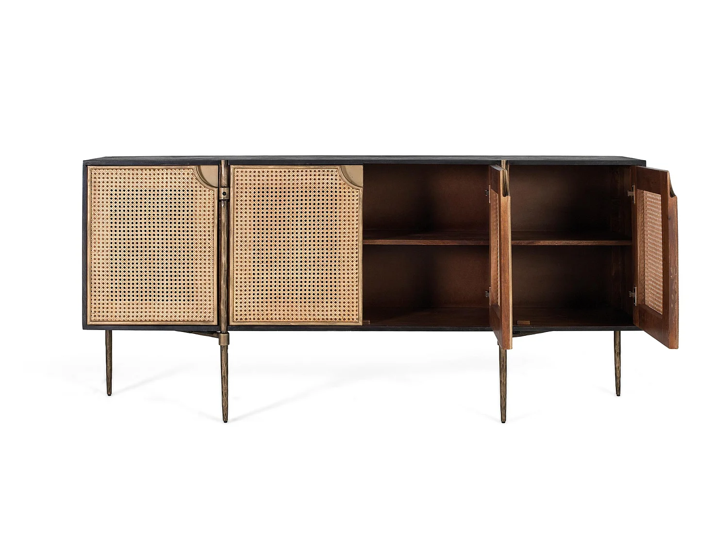 Buffet en bois foncé en portes en rotin tressé met pieds métalliques