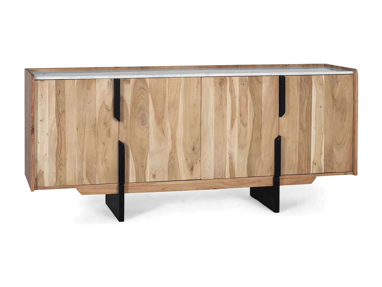 Buffet contemporâneo em madeira de acácia com tampo de mármore.