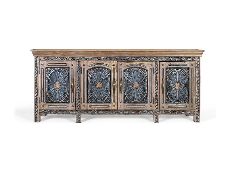 Tweekleurig gesneden teakhouten dressoir, natuurlijk en verouderd blauw