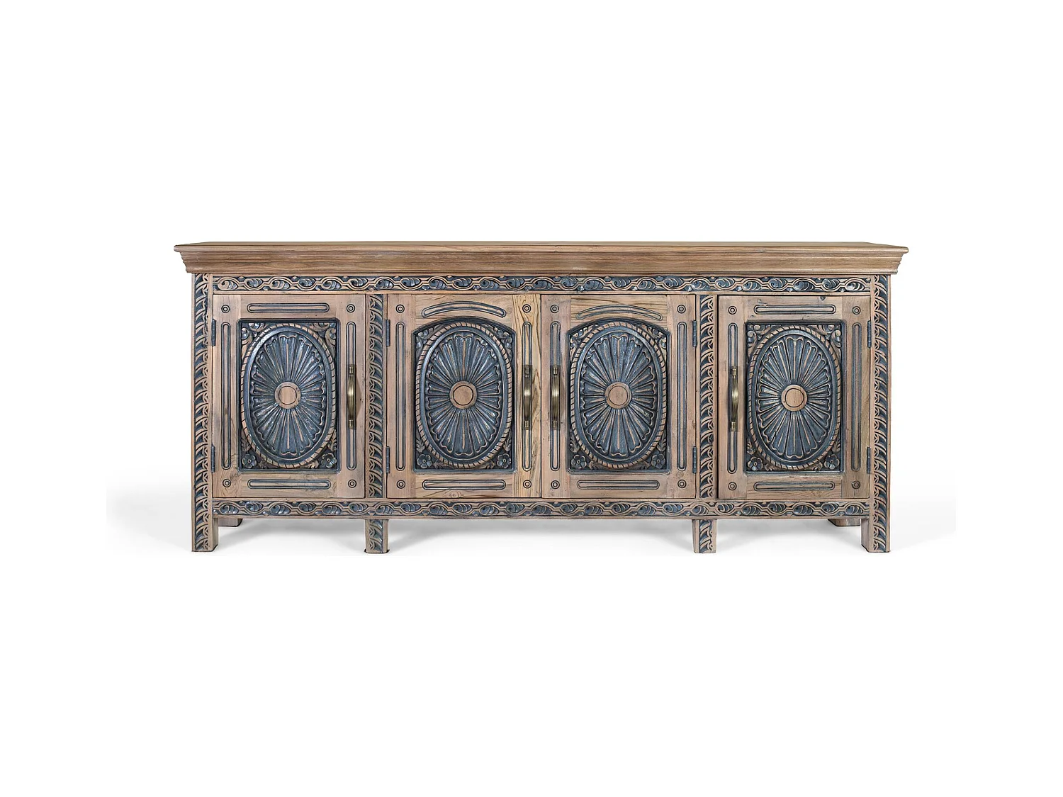 Buffet en teck sculpté bicolore, naturel et bleu vieilli