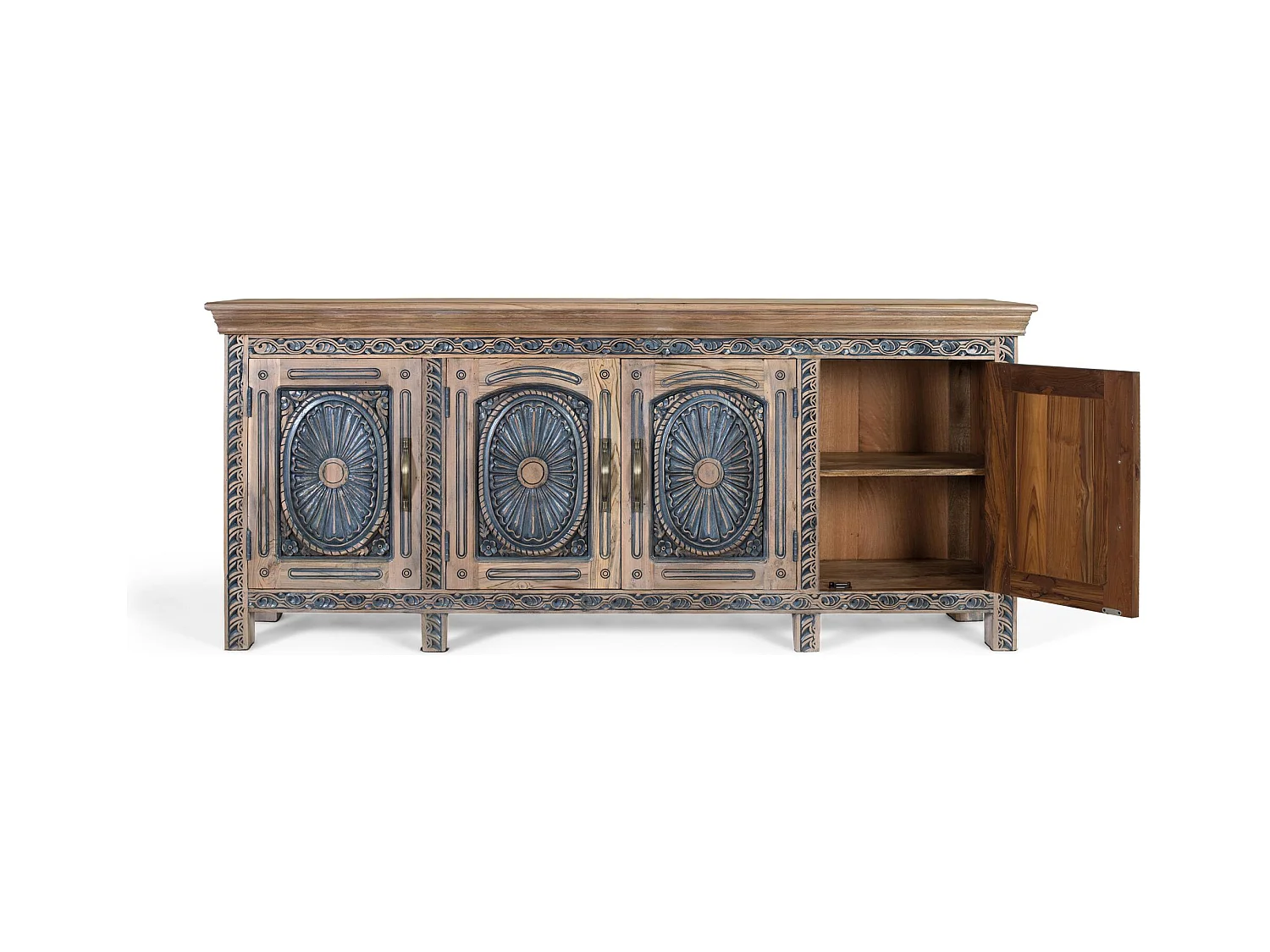 Buffet en teck sculpté bicolore, naturel et bleu vieilli