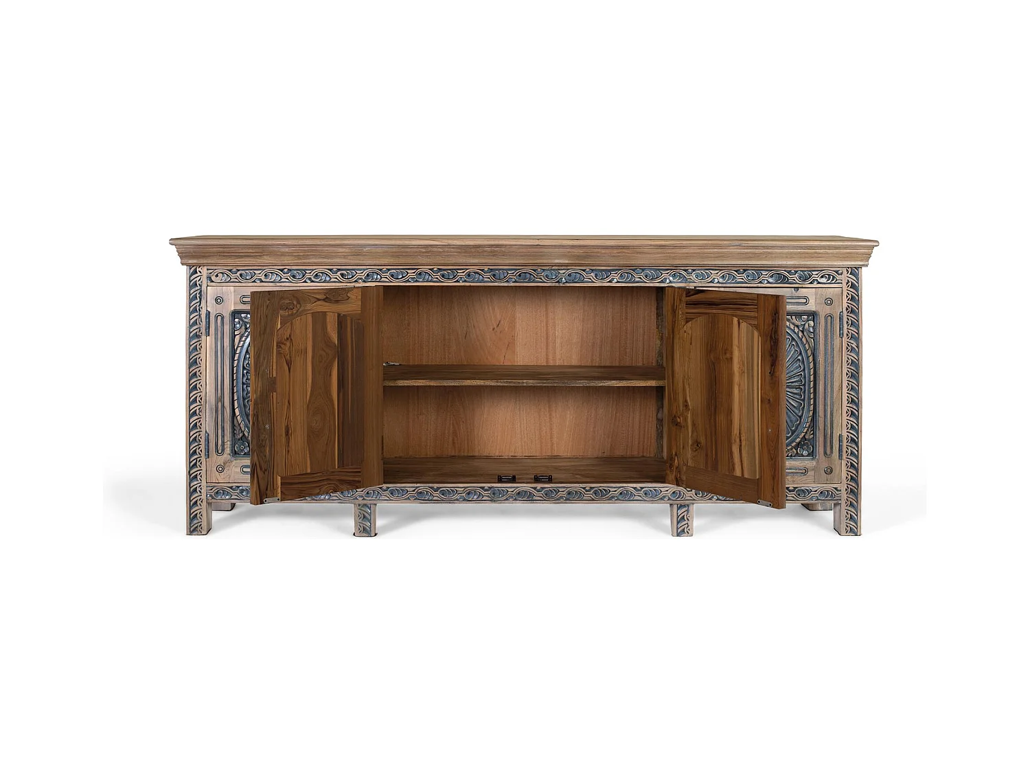 Buffet en teck sculpté bicolore, naturel et bleu vieilli