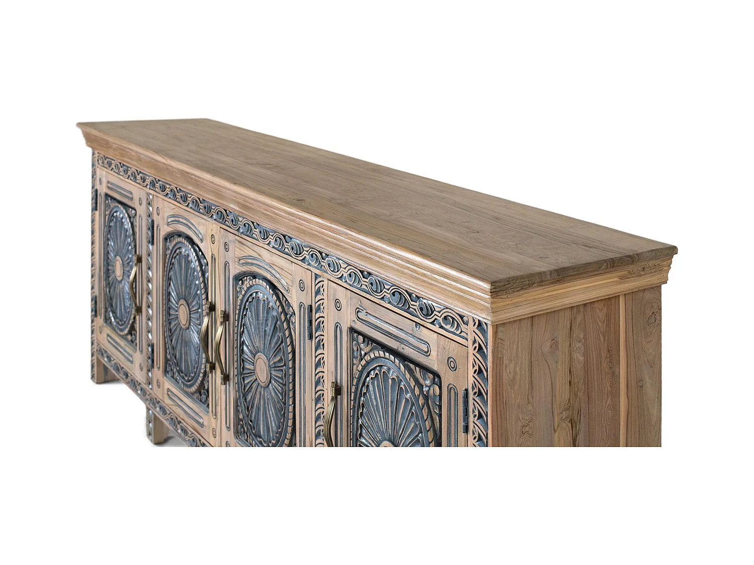 Buffet en teck sculpté bicolore, naturel et bleu vieilli