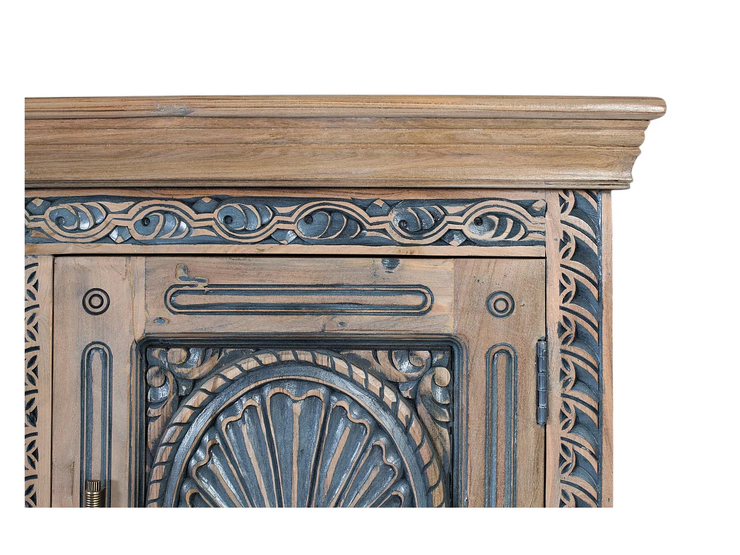 Buffet en teck sculpté bicolore, naturel et bleu vieilli